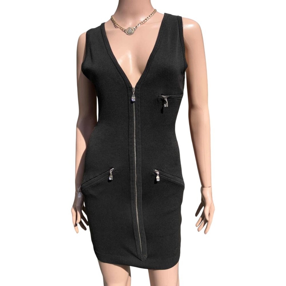 Vtg 90s GIANNI VERSACE Black Dress Sexy Jewel Zip-Up Stretchy V-Neck Bodycon S